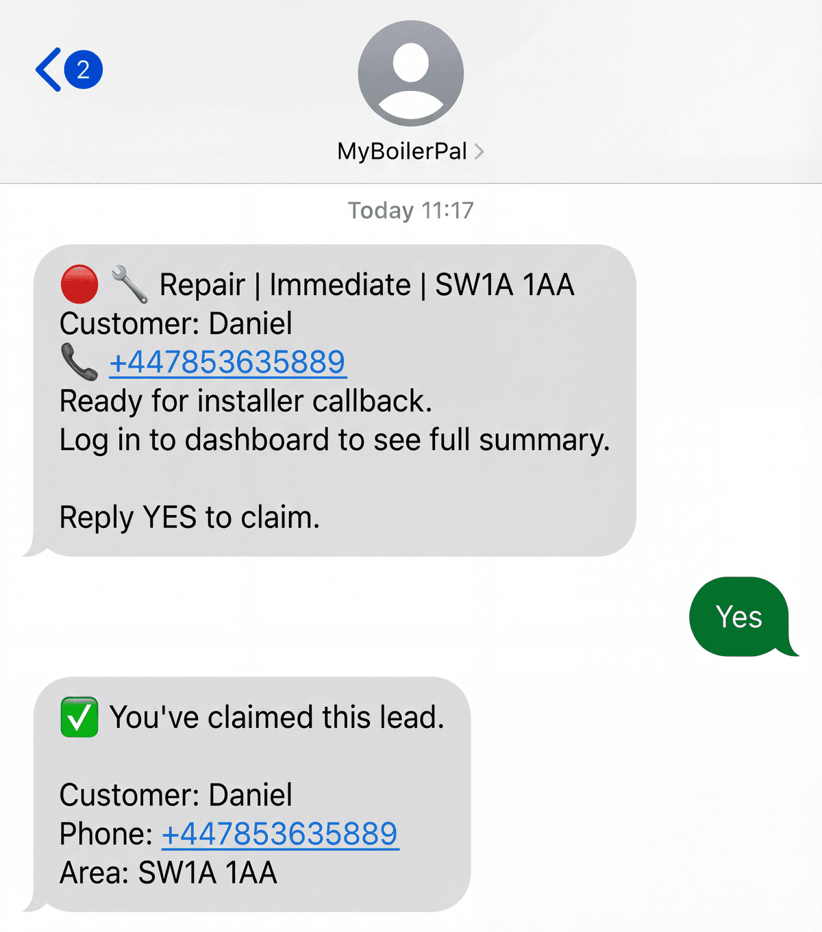 Real screenshot of the engineer SMS notification with lead details and Reply YES to claim