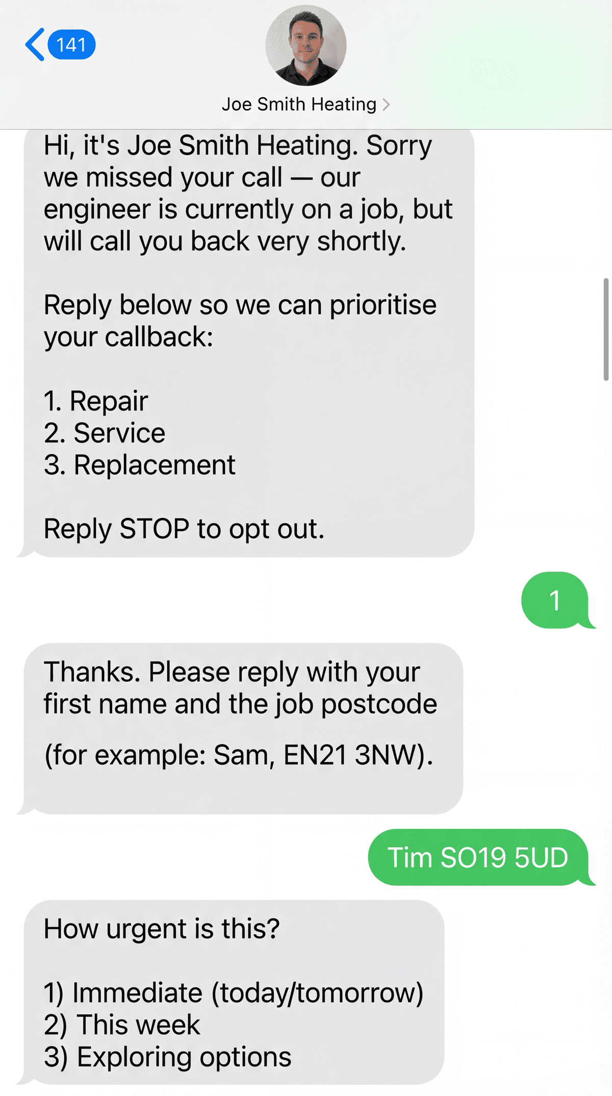 Real screenshot of the SMS 3-question qualification flow a customer receives after a missed call