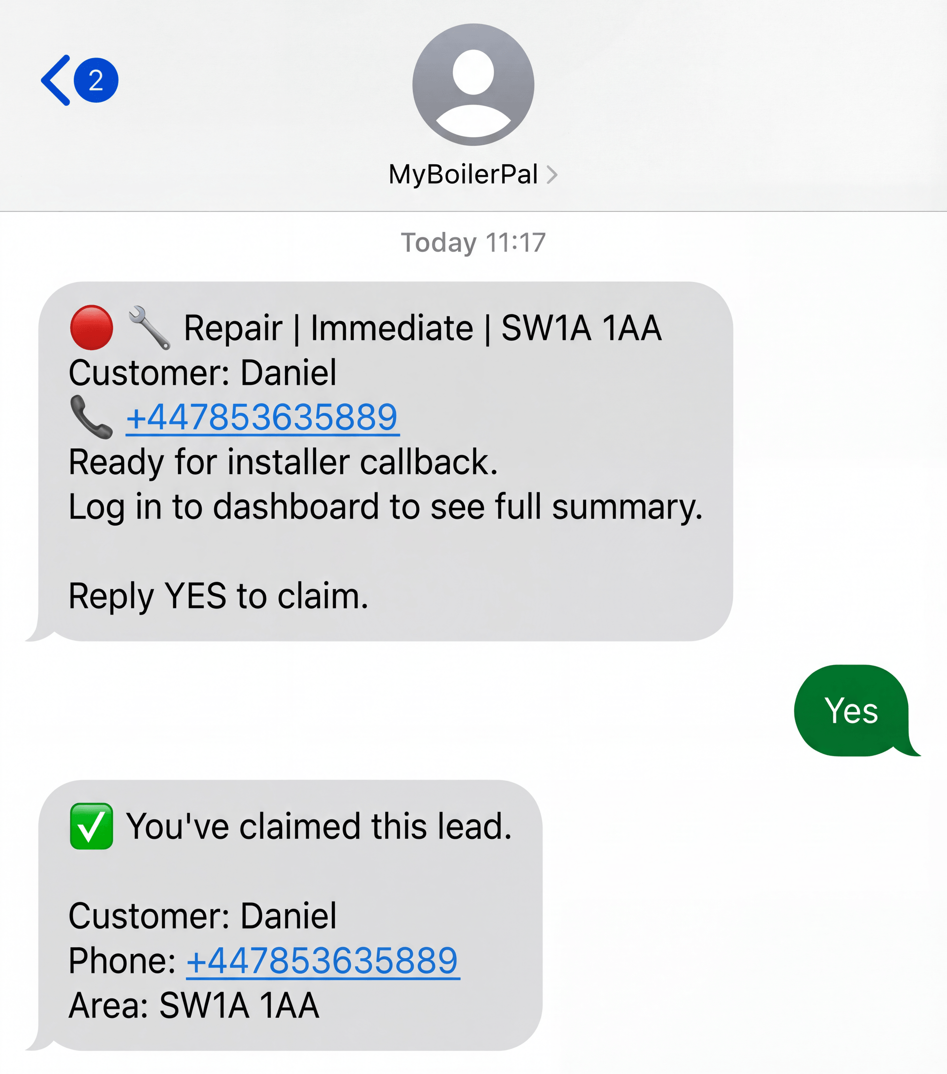 Engineer’s SMS notification with full lead details